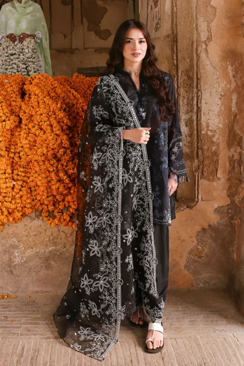15A (4) NOIR ESSENCE-3PC PRINTED & EMBROIDERED LAWN SUIT