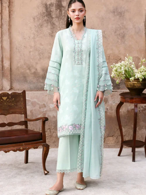 25A (3) MISTY MINT-3PC EMBROIDERED LAWN SUI
